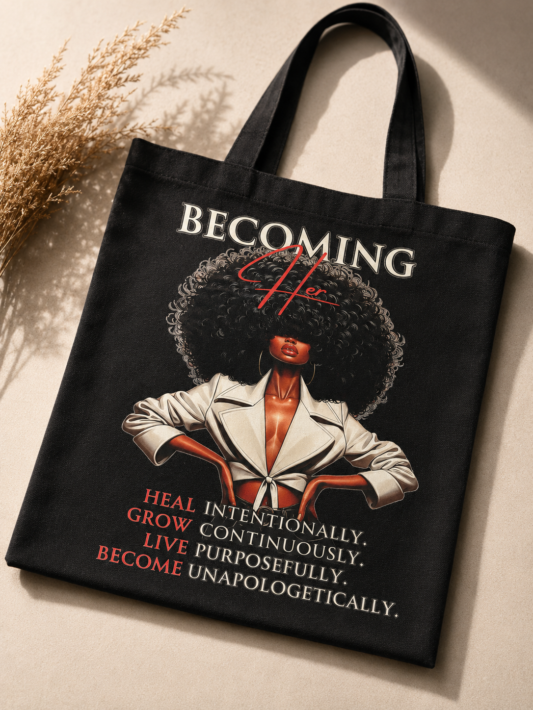 Becoming Her™ Canvas Tote Bag – Heal. Grow. Live. Become.